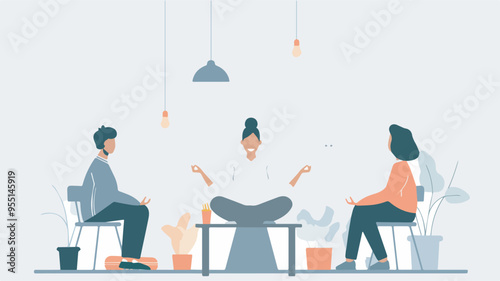 Office Mindfulness Meditation Group Wellbeing Break Relaxation Calm Collective Tranquility Workplace ZenIllustration