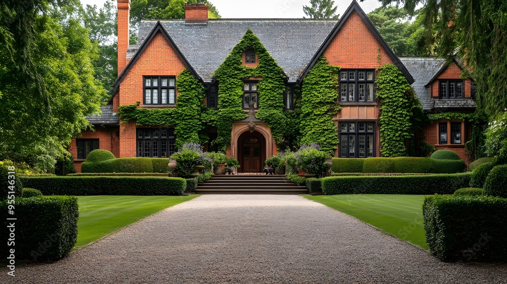 Traditional English manor house exterior with a steep slate roof, red brick walls, and ivy-covered facades, featuring a grand entrance with stone steps
Traditional English manor house exterior with a steep slate roof, red brick walls, and ivy-covered facades, featuring a grand entrance with stone steps
