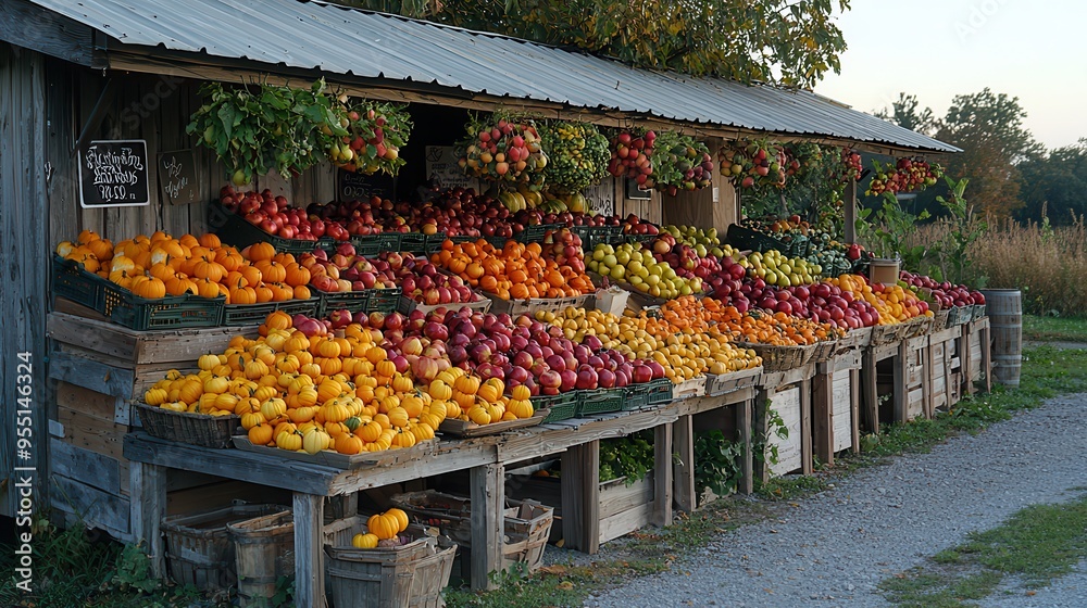 Friendly Vendor at Autumn Farmstand with Pumpkins, Apples, and Gourds - Harvest Market Scene with Fresh Produce Friendly Vendor at Autumn Farmstand with Pumpkins, Apples, and Gourds - Harvest Market Scene with Fresh Produce
