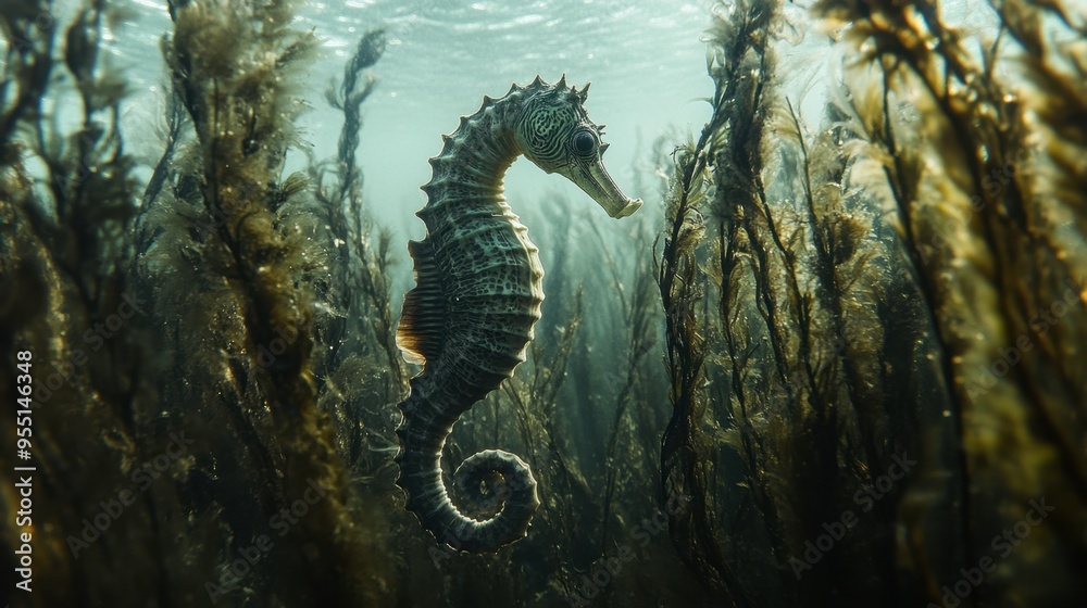 A seahorse swimming through a dense forest of seaweed, its body blending in perfectly with the long, flowing strands of underwater vegetation. A seahorse swimming through a dense forest of seaweed, its body blending in perfectly with the long, flowing strands of underwater vegetation.