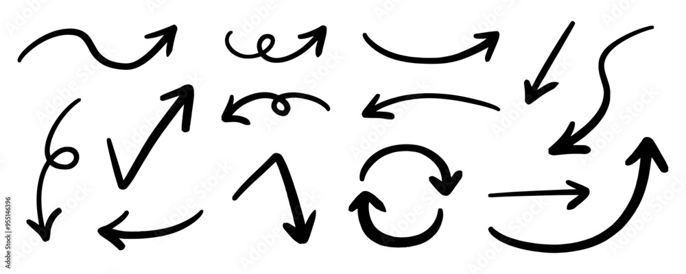 ベクターのペンの手書きの矢印セット 白黒