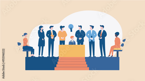 Diverse Business Team Awaiting Presentation from Young Professional with Idea LightbulbIllustration on Leadership Mentorship and Innovation