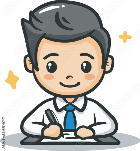 Cute Cartoon Character Writing On Paper Student Learning Education School Knowledge Smart Concentrated Focus Writing Assignment Essay Exam Studying Studying Note Taking Notebook PenIllustration