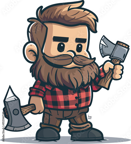 Cartoon lumberjack holding axes logger woodcutter character illustration background