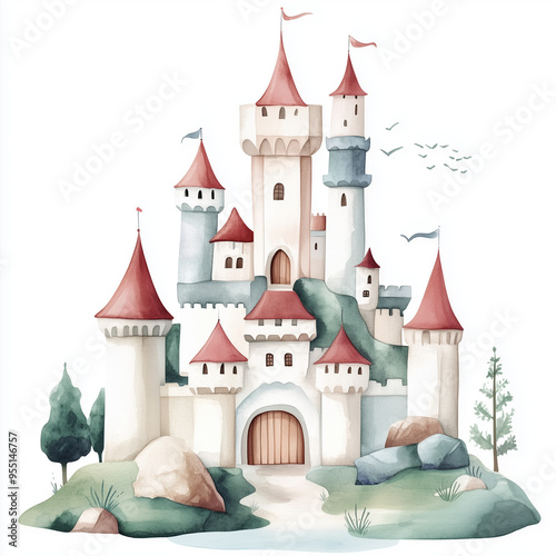 fairy tale castle watercolor isolated