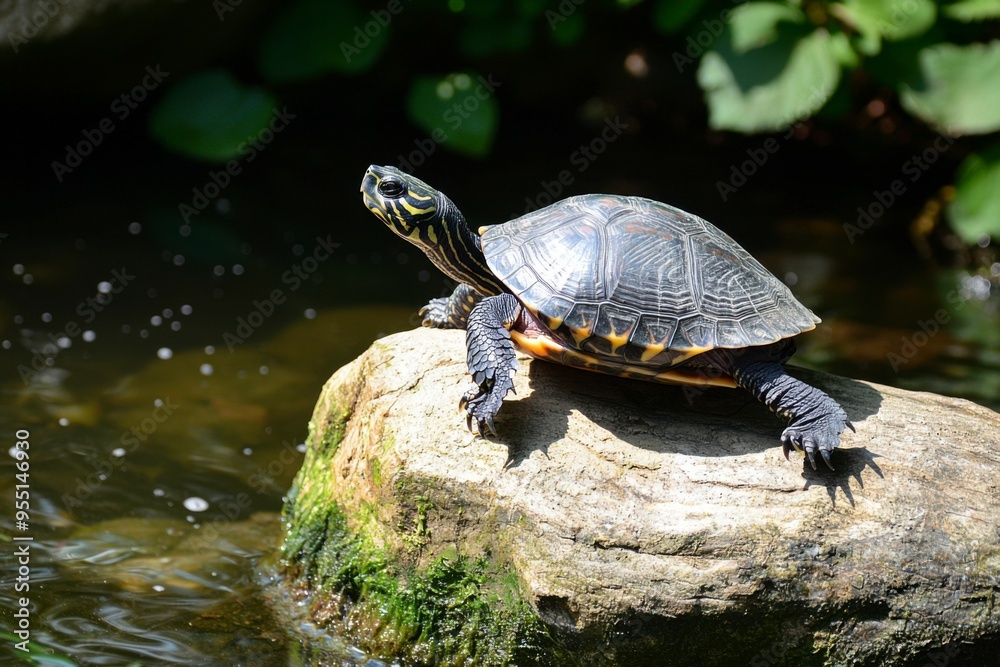 A turtle perched on a rock overlooking a pond A turtle perched on a rock overlooking a pond