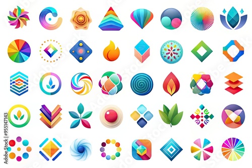Vibrant modern logos in various shapes and styles arranged on a white background, showcasing a diverse palette of bright, bold, and pastel colors.