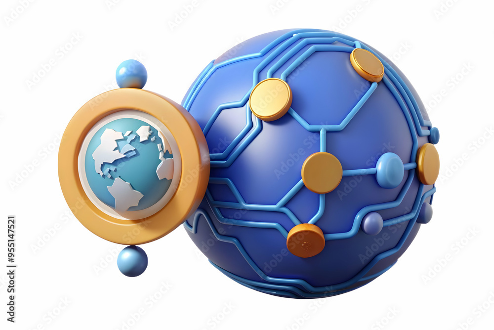 Fototapeta premium 3D AI Powered Globe and Coin Concept: Abstract Vector Illustration Symbolizing Global Impact of AI on Cost Management and Technology