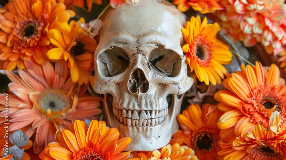 Surreal Halloween Skull with Vibrant Orange Flowers Surreal Halloween Skull with Vibrant Orange Flowers