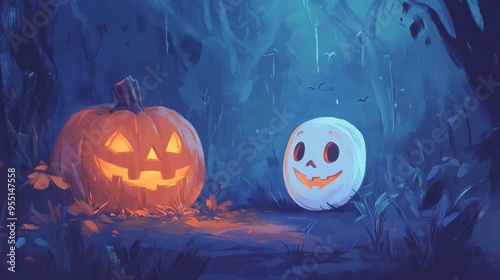 Whimsical Halloween scene featuring a glowing jack-o'-lantern and a cheerful ghost in a dark, enchanted forest. photo