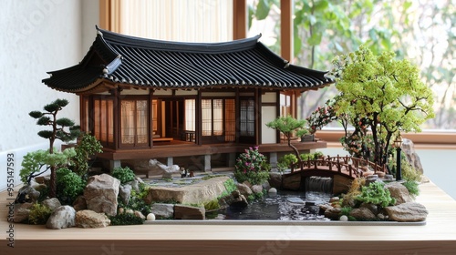 A scale model home with a Korean-style pavilion and a small stream