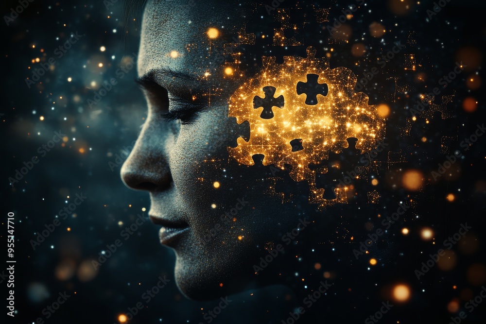 Parallel thinking Cerebrum A woman’s face with glowing particles and puzzle pieces symbolizing the complexity of thoughts and emotions in a dark mystical atmosphere Parallel thinking Cerebrum A woman’s face with glowing particles and puzzle pieces symbolizing the complexity of thoughts and emotions in a dark mystical atmosphere