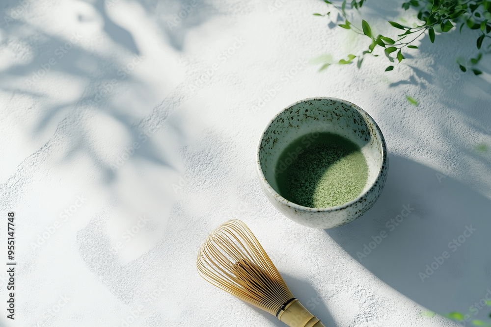 A clean, minimalist image featuring a traditional matcha green tea bowl with a bamboo whisk beside it A clean, minimalist image featuring a traditional matcha green tea bowl with a bamboo whisk beside it
