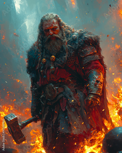 dwarf male warrior standing firm amidst flames and smoke, gripping a massive hammer, radiating power and an unyielding will in the midst of chaos photo