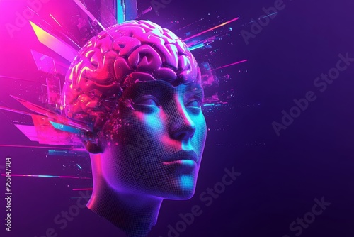 Sequential thinking Cerebrum A futuristic head with neon brain patterns symbolizing the forward thinking power of human intelligence in a vibrant high tech world