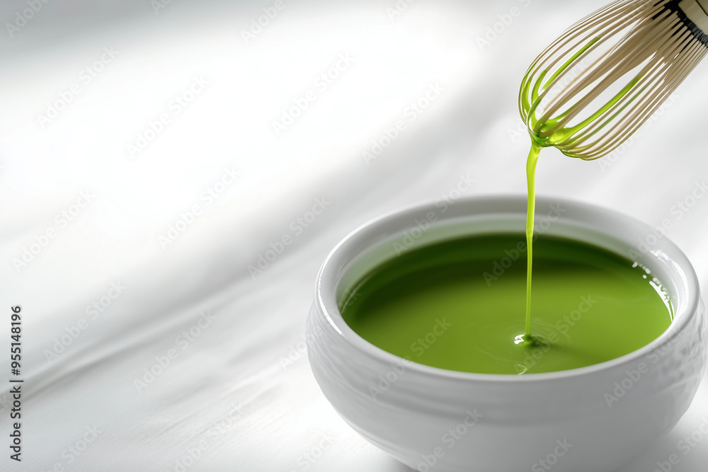 A clean, minimalist image featuring a traditional matcha green tea bowl with a bamboo whisk beside it A clean, minimalist image featuring a traditional matcha green tea bowl with a bamboo whisk beside it