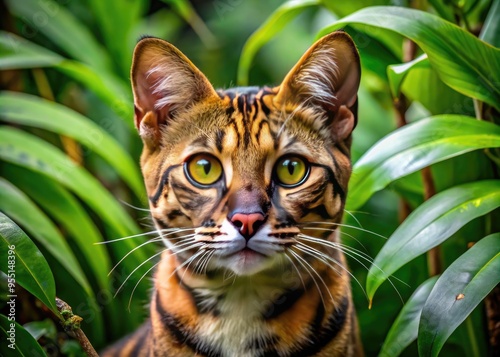 Wallpaper Mural Vibrant orange eyes gleam from a majestic, black-spotted exotic cat's serene face, surrounded by lush green foliage in a tropical jungle environment. Torontodigital.ca