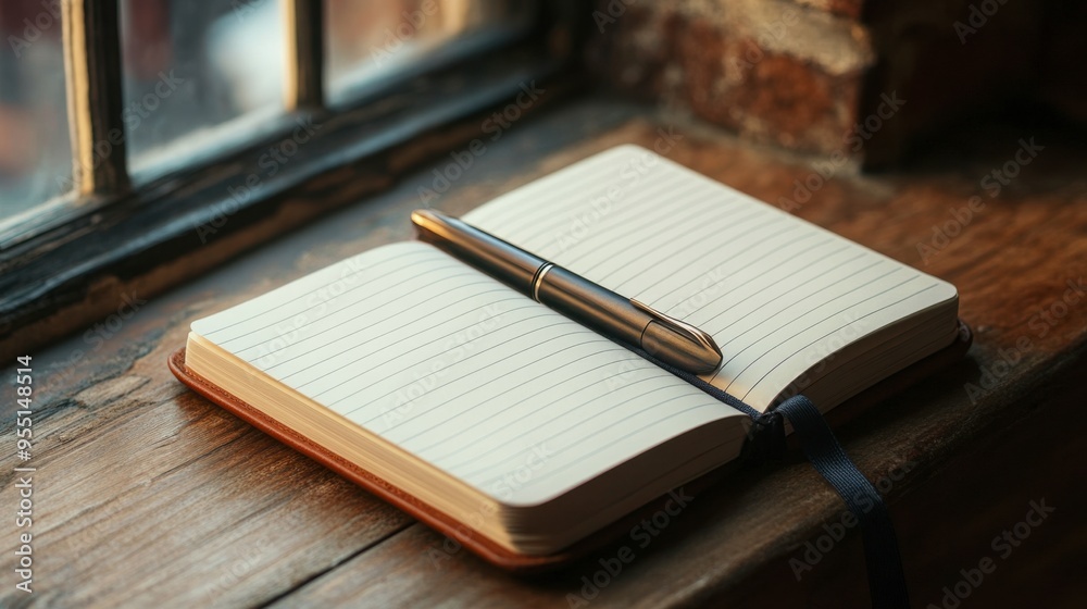 A stylish leather-bound notebook lying open on a wooden desk, with a pen poised above the lined pages and a soft glow from a nearby window. A stylish leather-bound notebook lying open on a wooden desk, with a pen poised above the lined pages and a soft glow from a nearby window.