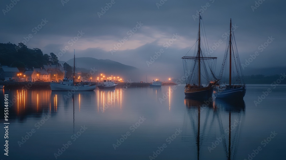 A tranquil harbor scene at dusk, with several small boats and a larger ship anchored, the lights reflecting off the calm water as the sky darkens. A tranquil harbor scene at dusk, with several small boats and a larger ship anchored, the lights reflecting off the calm water as the sky darkens.