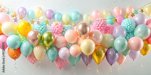 Vibrant pastel balloons in various shapes and sizes are strung together to create a colorful, whimsical garland perfect for festive celebrations and joyful occasions. photo