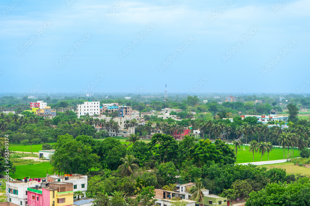 Green landscape with scattered buildings and palm trees under blue sky with light clouds, Radshahi Bangladesh. Green landscape with scattered buildings and palm trees under blue sky with light clouds, Radshahi Bangladesh.