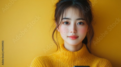 A woman with long dark hair and a yellow sweater is smiling