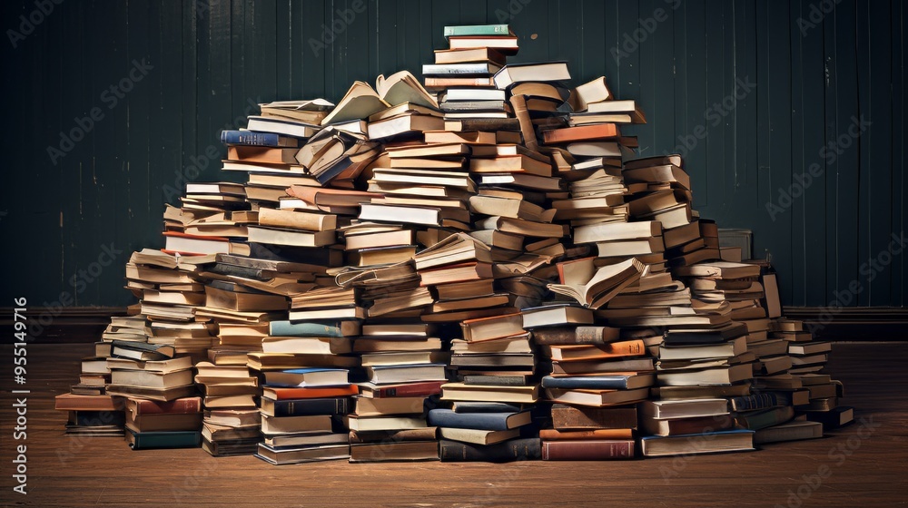 Big amount of books in big pile on dark background. Neural network ai generated art Big amount of books in big pile on dark background. Neural network ai generated art
