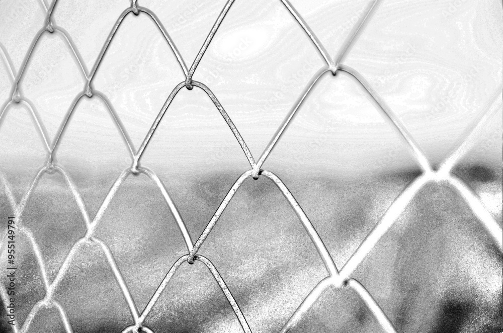 Fototapeta premium Chain link grid fence, pencil drawn sketch illustration