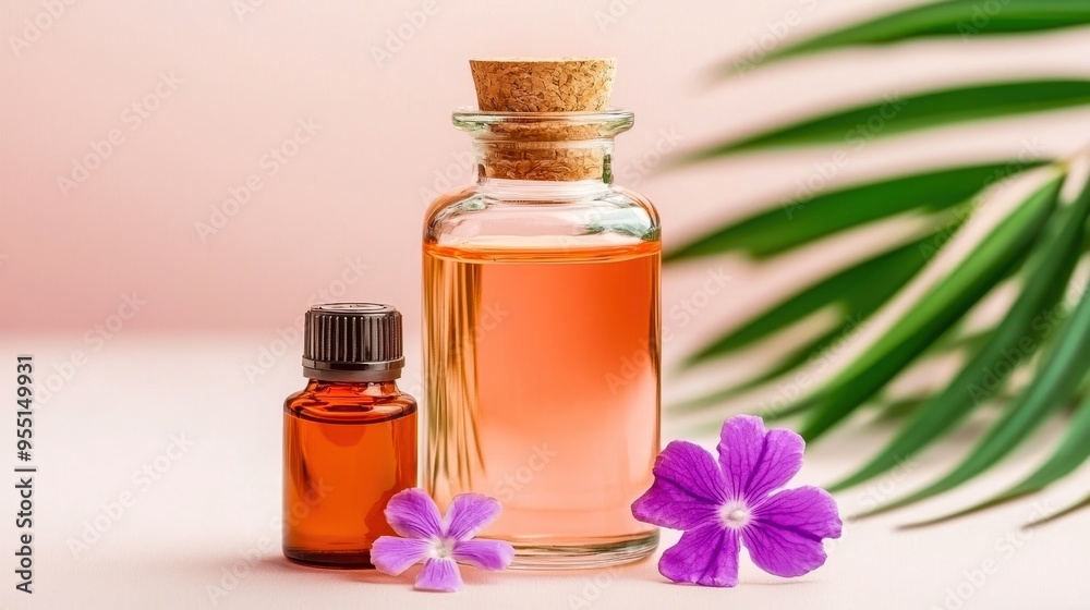 Aesthetic arrangement of essential oil bottles with vibrant flowers and leaves, perfect for wellness, aromatherapy, and beauty themes. Aesthetic arrangement of essential oil bottles with vibrant flowers and leaves, perfect for wellness, aromatherapy, and beauty themes.