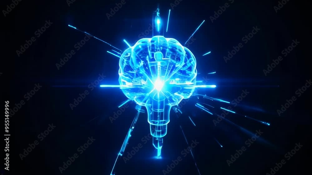 A vibrant blue digital brain emits light, symbolizing innovation and technology through captivating visuals and dynamic motion.