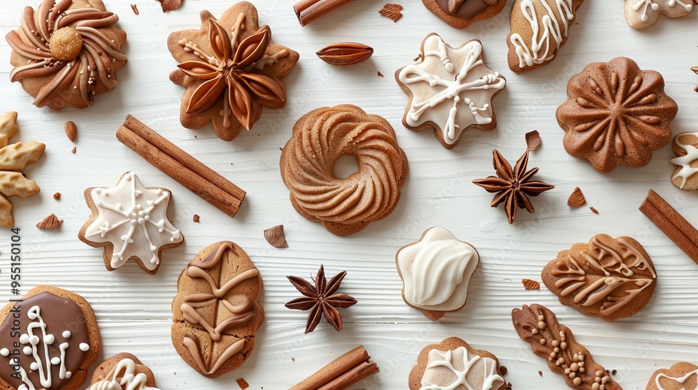 homemade autumn-themed cookies, decorated with intricate icing patterns, surrounded by cinnamon sticks