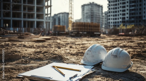 Construction Site with Hard Hats and Plan