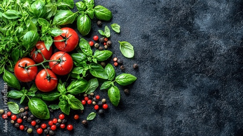 Fresh tomatoes and basil arranged on a dark surface, perfect for culinary designs and healthy food concepts.