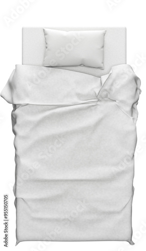 Top View of Cozy Single Bed with Pillow and Blanket in White tone