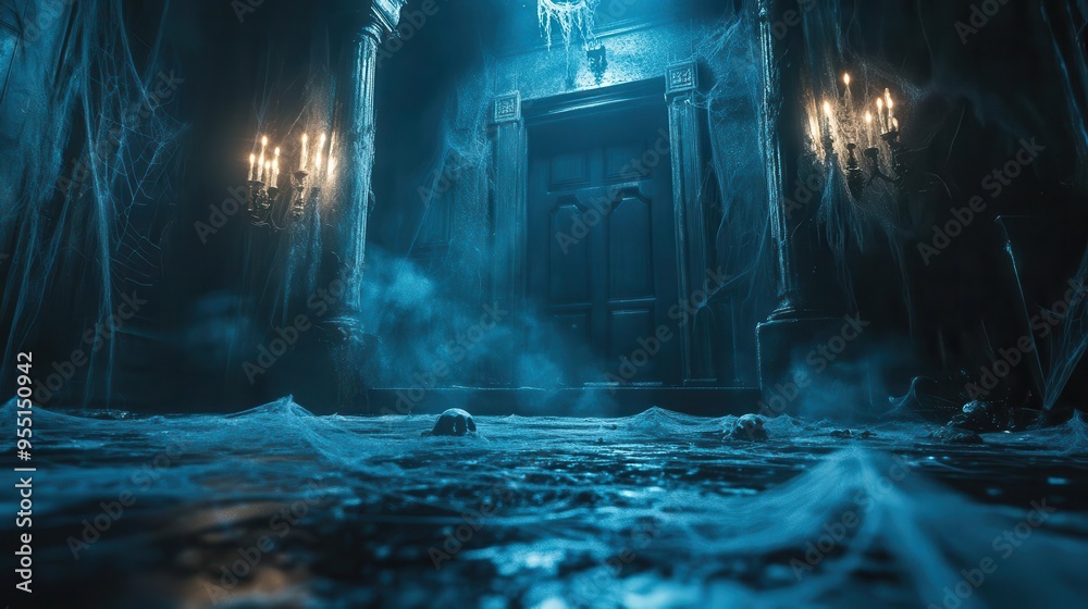 Haunted mansion decorations with cobwebs, ghosts, and dim lighting, eerie style, wide shot, soft lighting, high contrast, spooky mood Haunted mansion decorations with cobwebs, ghosts, and dim lighting, eerie style, wide shot, soft lighting, high contrast, spooky mood