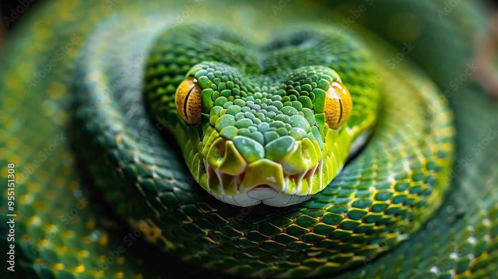 A close-up of the head and body of a green snake with yellow eyes, coiled in its environment. The background is blurred to emphasize it. A close-up of the head and body of a green snake with yellow eyes, coiled in its environment. The background is blurred to emphasize it.