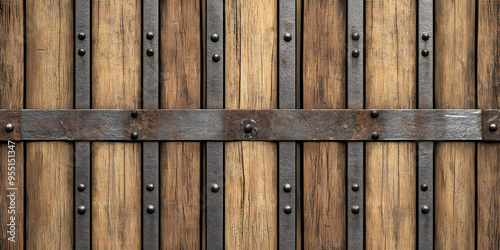 Fototapeta Naklejka Na Ścianę i Meble -  Seamless wooden beer or whiskey barrel with metal straps background texture. Tileable wine cask pattern with rustic oak wood planks and rusted iron trim. Vintage winery concept backdrop 3D rendering..