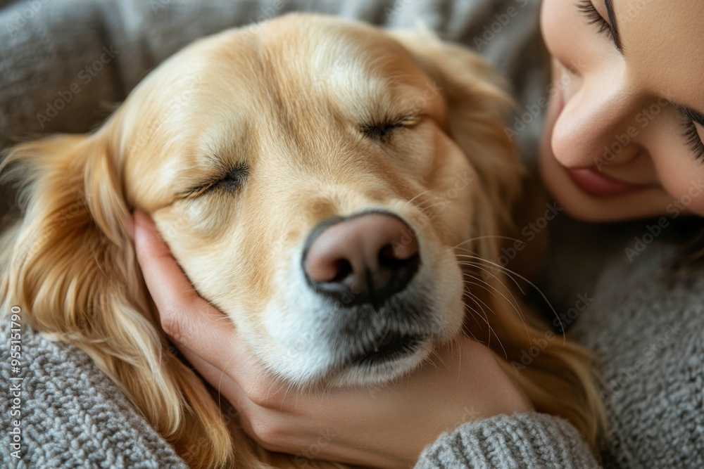 A Woman's Hand Gently Resting on a Sleeping Dog's Face A Woman's Hand Gently Resting on a Sleeping Dog's Face