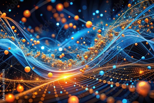 Vibrant swirls of blue and orange data points merge with intricate lines and shapes, forming a mesmerizing abstract representation of statistical analysis and data visualization. photo