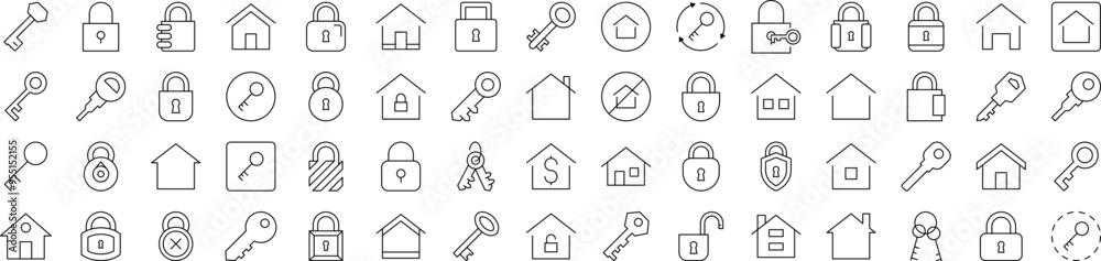 Pack of Real Estate Related Line Icons. Editable Stroke for Design, Web Sites, Apps, Cards. Contains Linear Images of House and Key Pack of Real Estate Related Line Icons. Editable Stroke for Design, Web Sites, Apps, Cards. Contains Linear Images of House and Key