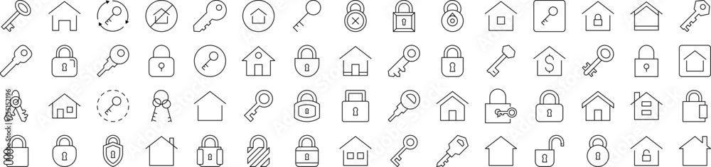 Real Estate Line Icon Pack. Modern Collection for Design, Web Sites, Apps, Cards. Contains Linear Images of House and Key Real Estate Line Icon Pack. Modern Collection for Design, Web Sites, Apps, Cards. Contains Linear Images of House and Key