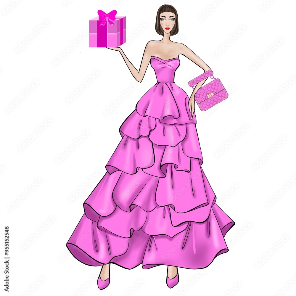Fashion illustration on a white background, a woman in an evening pink dress with a gift box and luxury bag Fashion illustration on a white background, a woman in an evening pink dress with a gift box and luxury bag