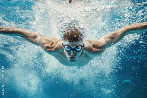 Swimmer exhibiting butterfly stroke technique underwater