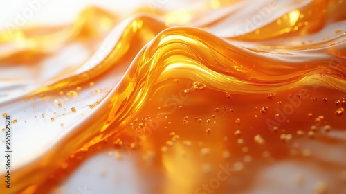 abstract food art swirling caramel stream honeygold tones highspeed capture glossy surface intricate patterns contrasting white background photo