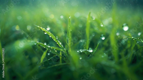 Close-up of fresh green grass background, glistening with rainwater.