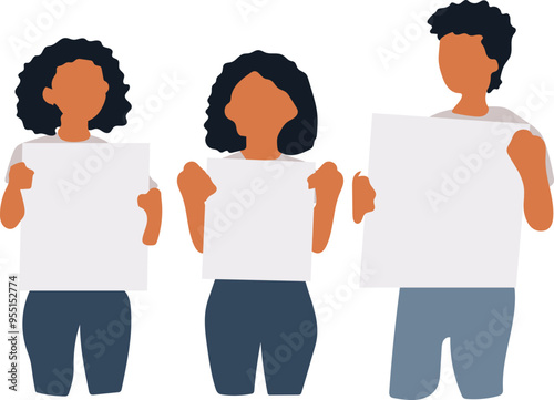 Group of diverse young modern women standing together and holding blank sign, flag and megaphone. Woman rights and solidarity concept. Hand drawn colorful vector illustration.