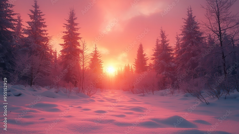 Serene Winter Wonderland: Snow-Covered Forest at Dusk with Tall Pine Trees and Soft Pink Horizon Glow - Ideal for Seasonal Backdrops