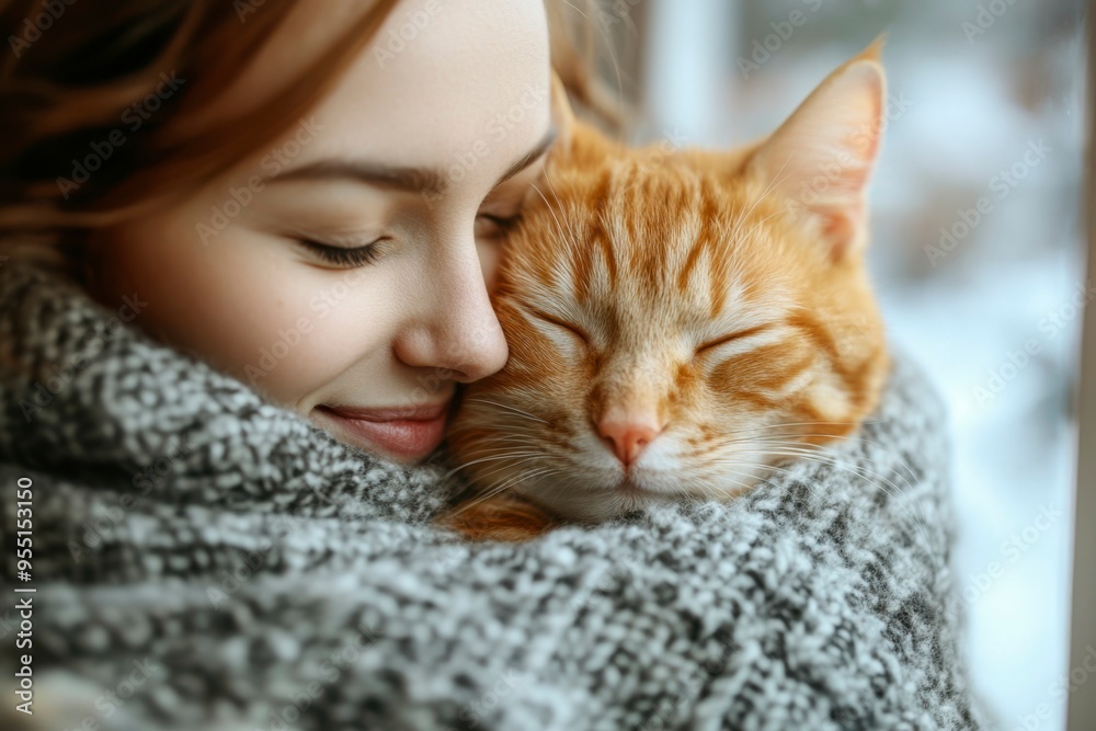 A Woman and Her Ginger Cat Snuggle in a Blanket A Woman and Her Ginger Cat Snuggle in a Blanket