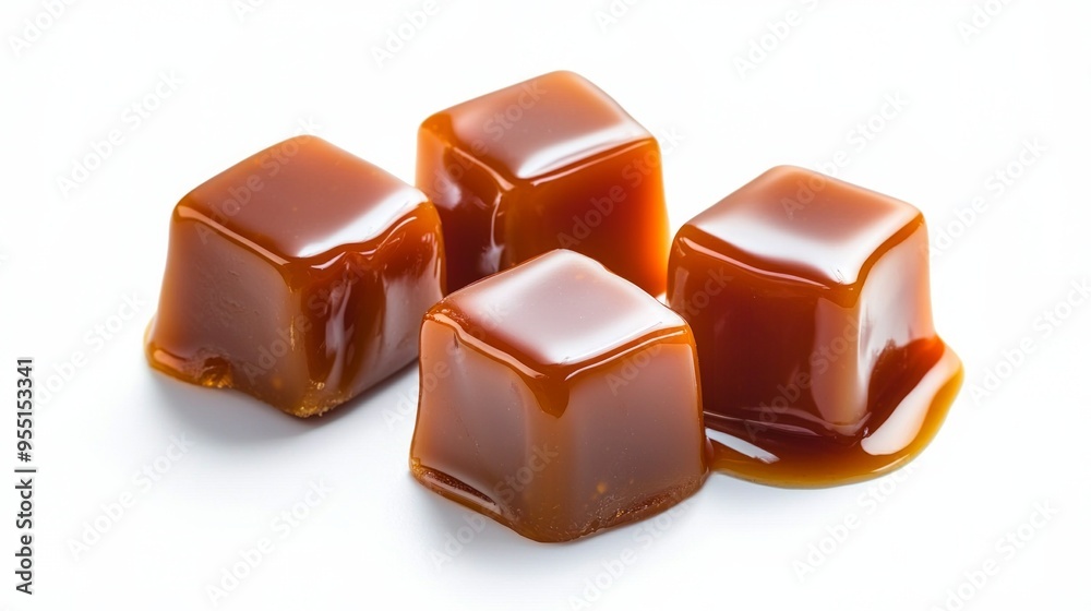 Sweet caramel candy cubes topped with caramel sauce isolated on white background Sweet caramel candy cubes topped with caramel sauce isolated on white background