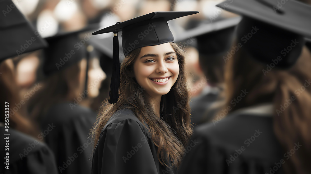 Fototapeta premium A happy young female graduate students wearing bachelor gowns the middle of a crowd of graduate students She is in focus standing still while other people move in university